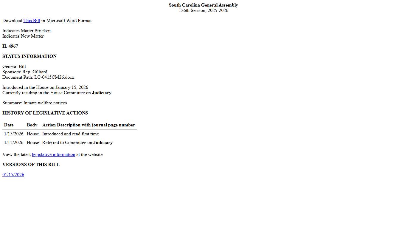 2025-2026 Bill 4967: Inmate welfare notices - South Carolina Legislature Online